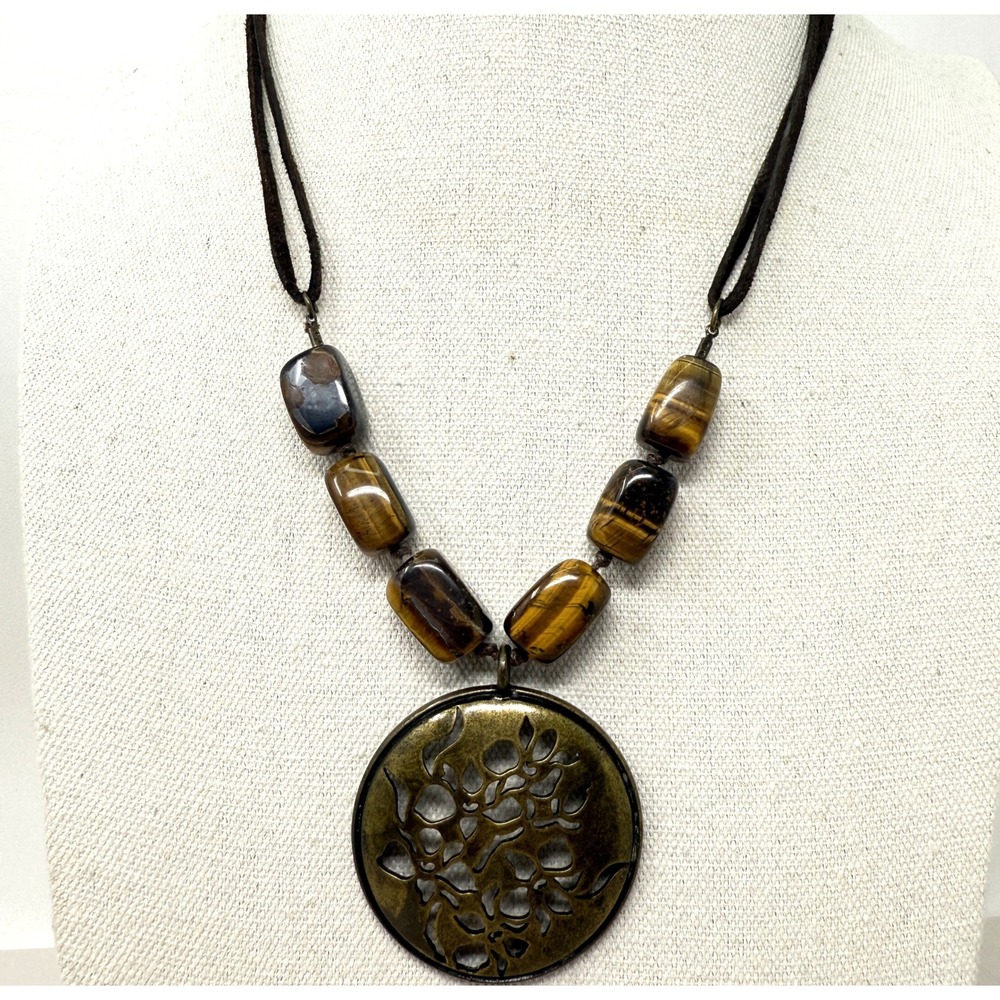 Avon Tiger Eye Stone Necklace‎ Brown Cord Bead Cutout Flower Pendant Boho